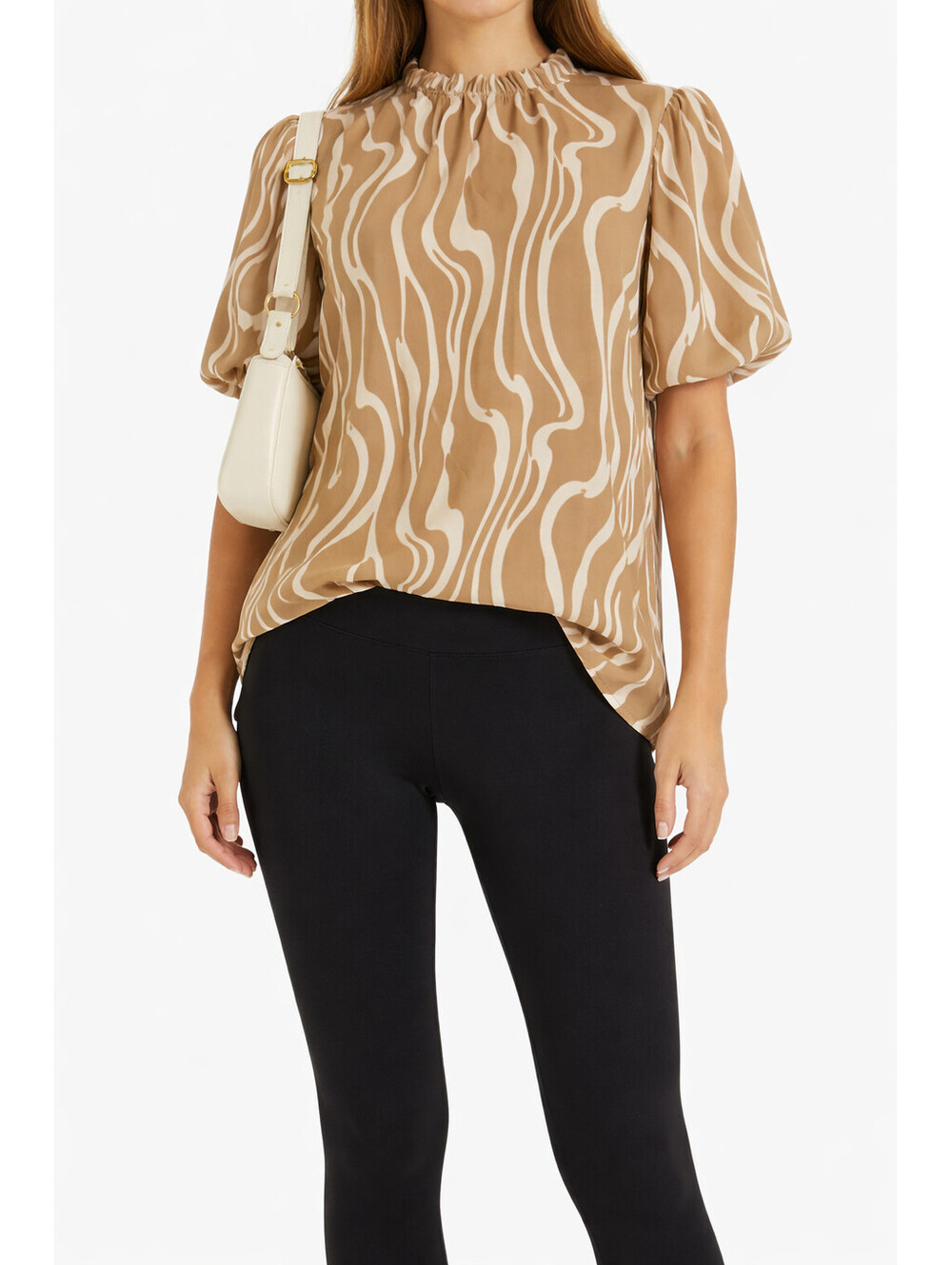 Jodifl Blouse L Tan Abstract Print Puff Sleeve Top Boho